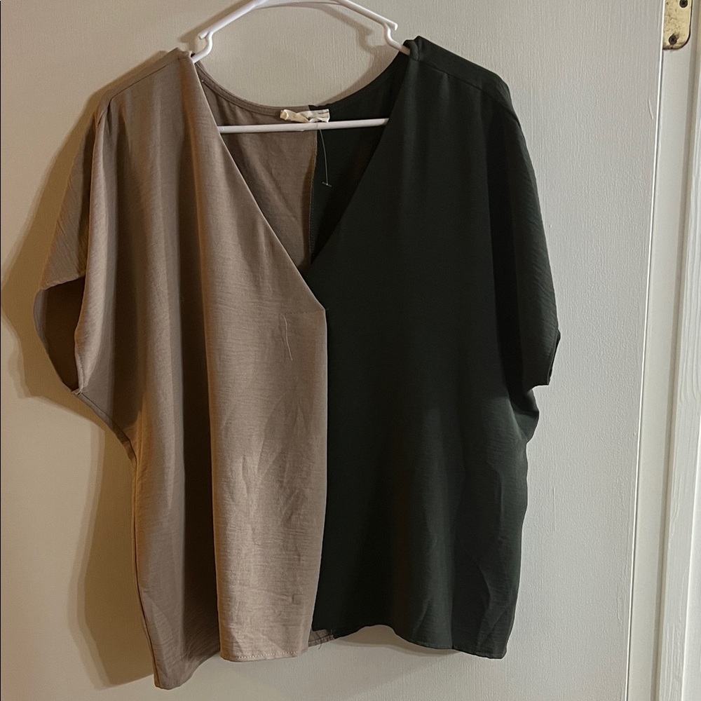 Eesome Two-Tone V-Neck Blouse in Tan and Black